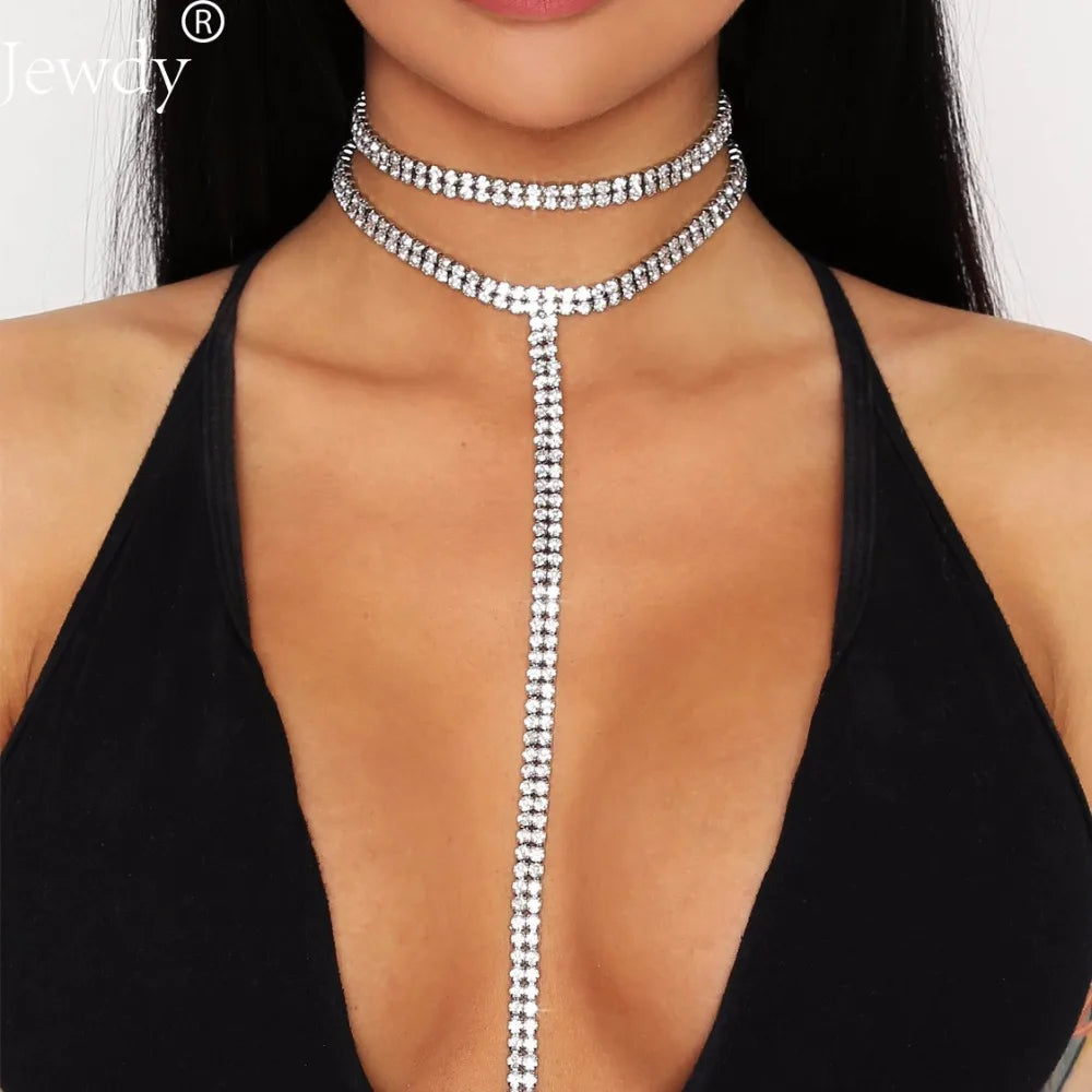 Rhinestone Double Choker Necklace – Lariat Chain Pendant Jewellery