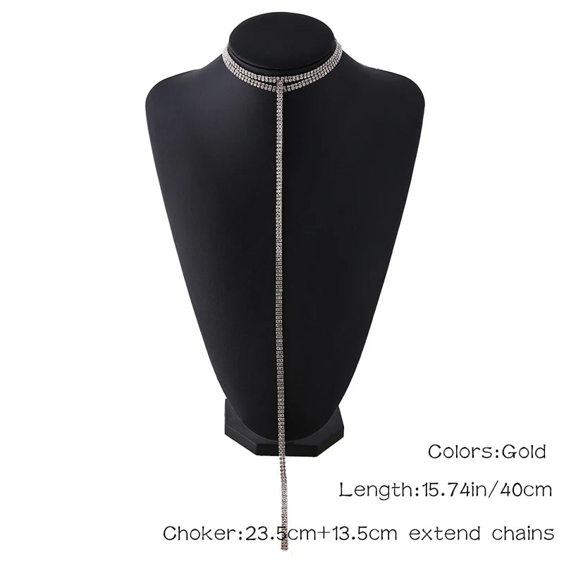 Rhinestone Double Choker Necklace – Lariat Chain Pendant Jewellery