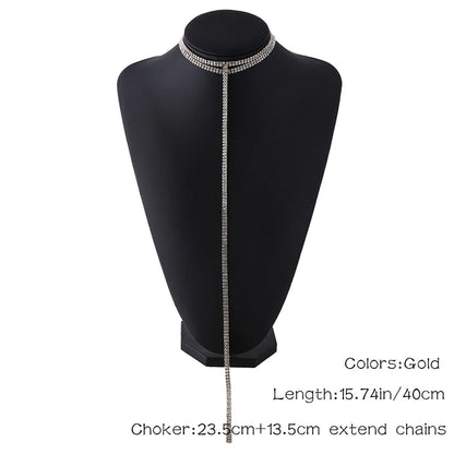 Rhinestone Double Choker Necklace – Lariat Chain Pendant Jewellery