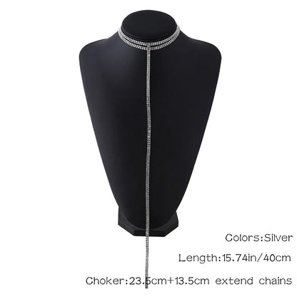 Rhinestone Double Choker Necklace – Lariat Chain Pendant Jewellery